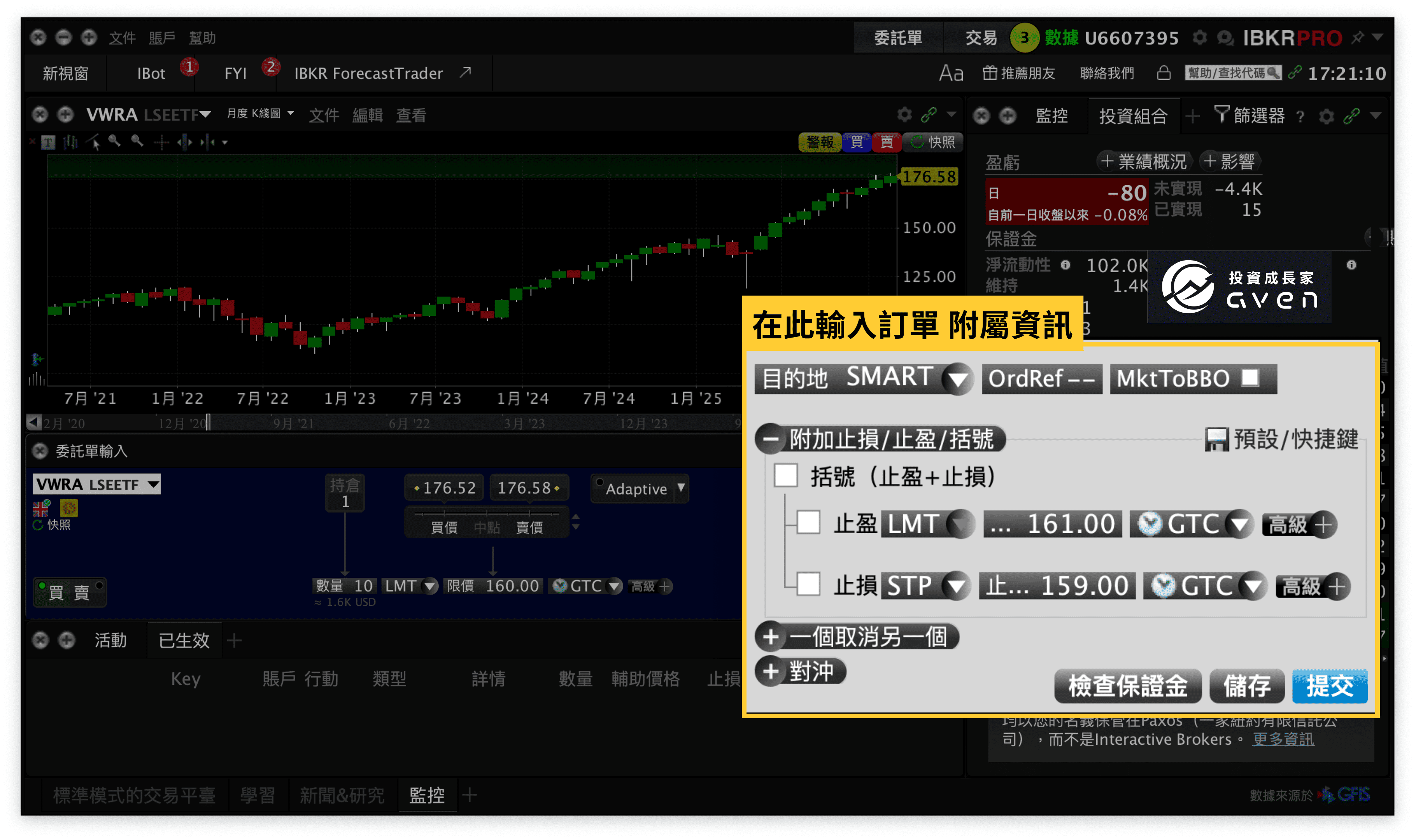 IB盈透證券 IBKR下單教學(止損單、止盈單 設定)