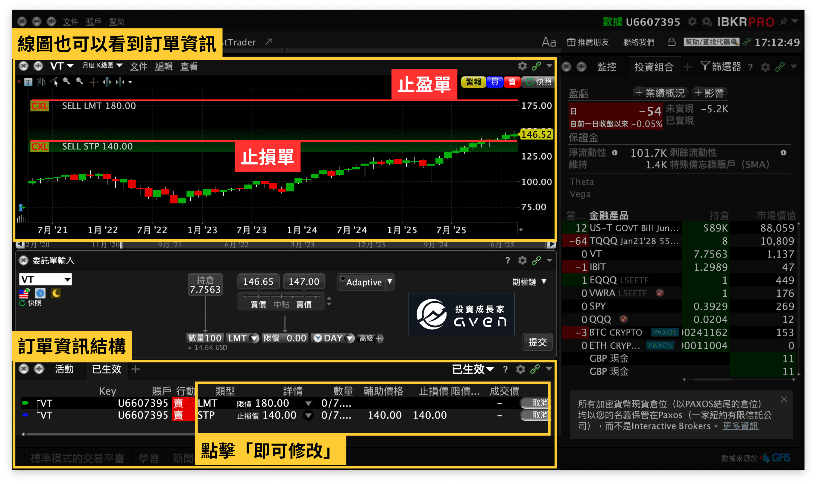 IB盈透證券 IBKR下單教學(現有倉位止損單、止盈單 設定)