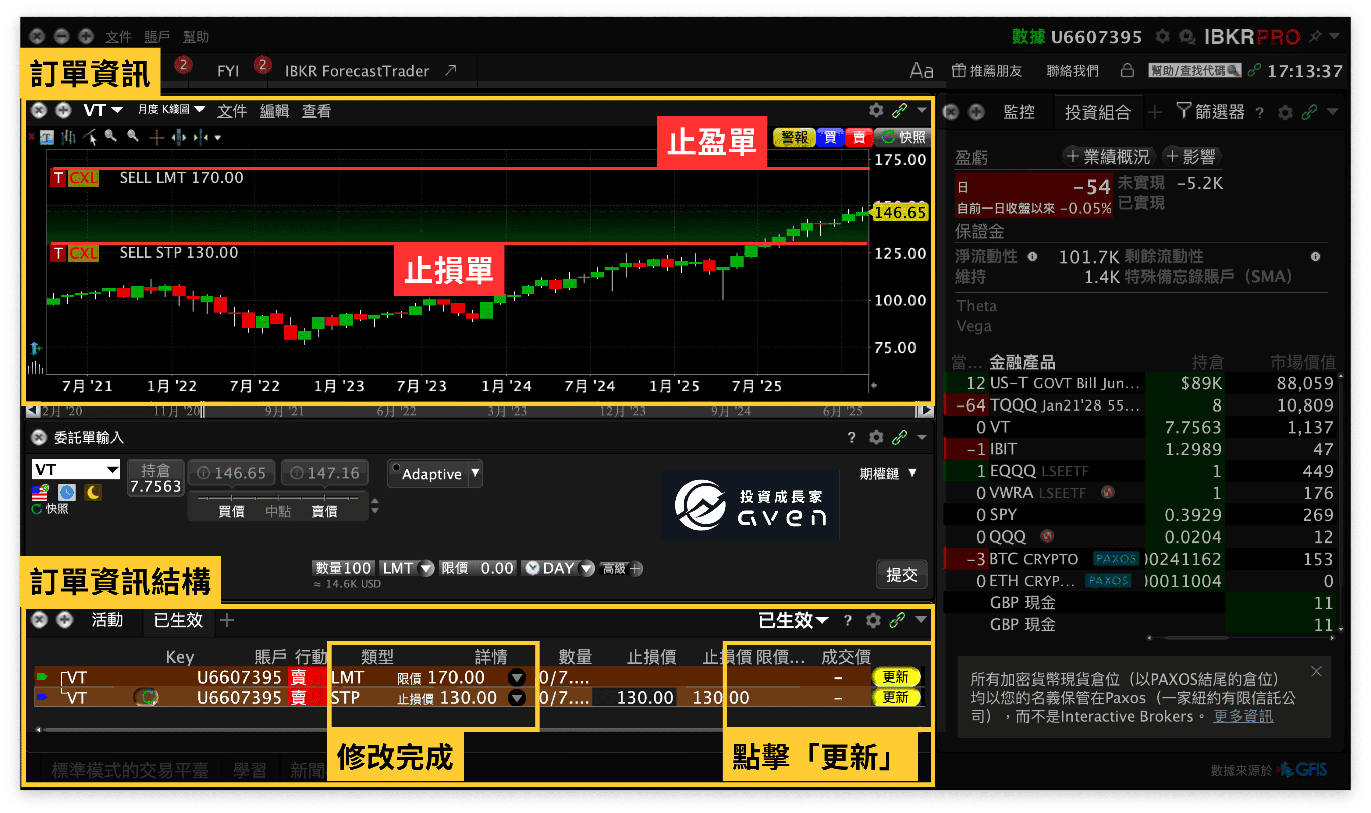 IB盈透證券 IBKR下單教學(現有倉位止損單、止盈單 設定)