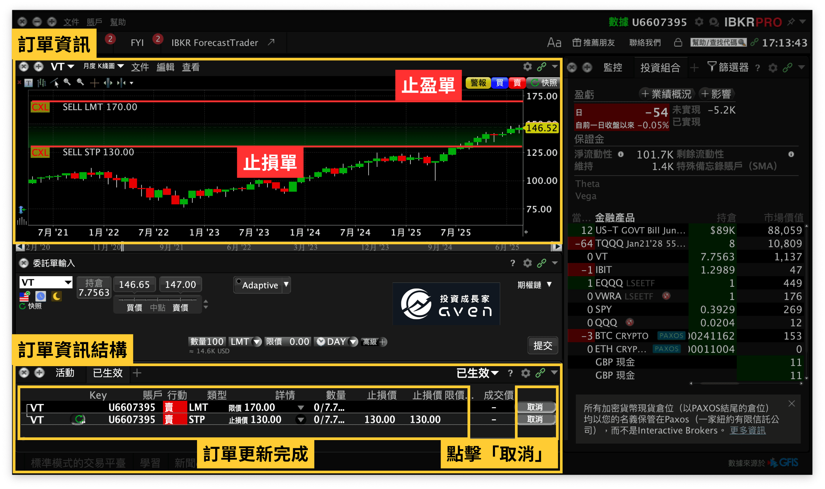 IB盈透證券 IBKR下單教學(現有倉位止損單、止盈單 設定)